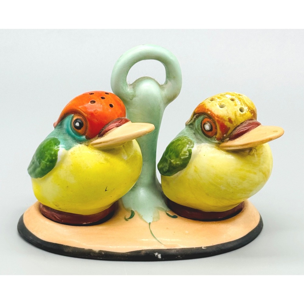 Vintage Germany Salt and Pepper Shakers Bird Set with Holder Yellow Green